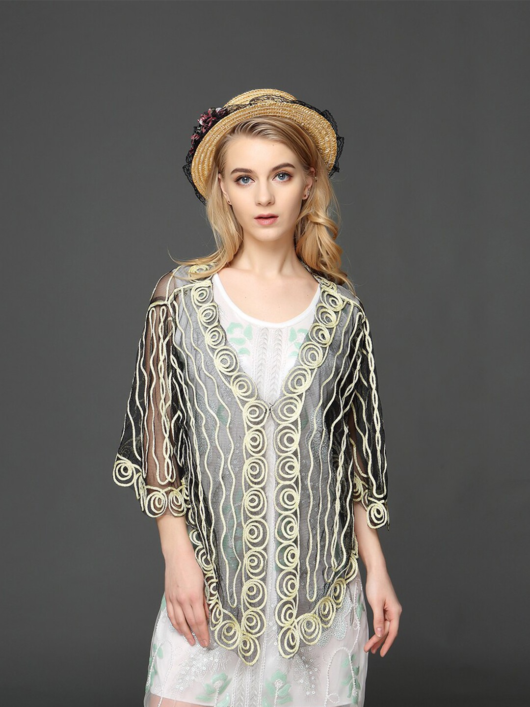 

JC Collection Embroidered V-Neck Sheer Button Shrug, Black
