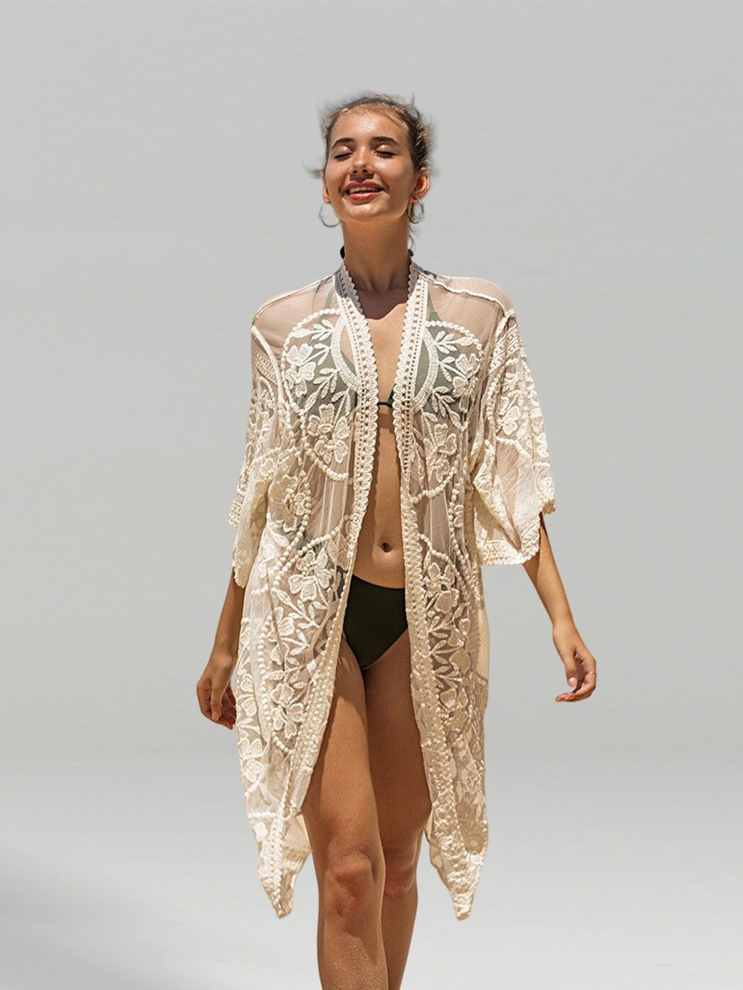 

JC Collection Floral Embroidered Shrug, Beige