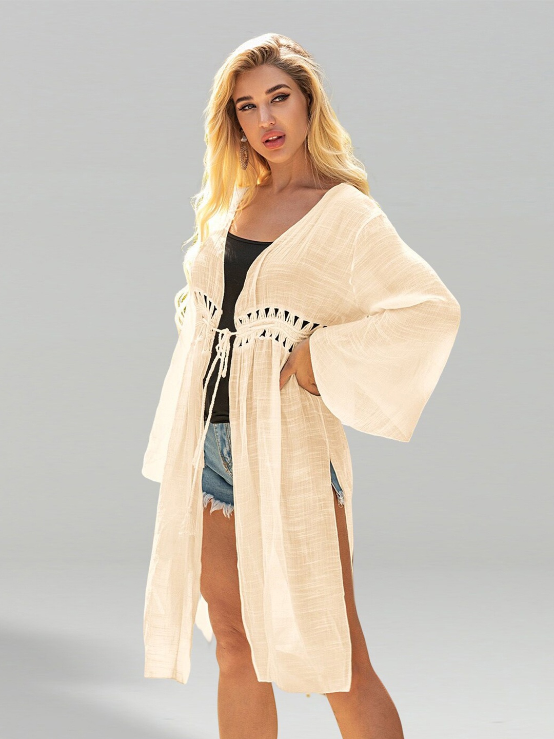 

JC Collection Longline Flared Sleeves Tie-Up Shrug, Beige