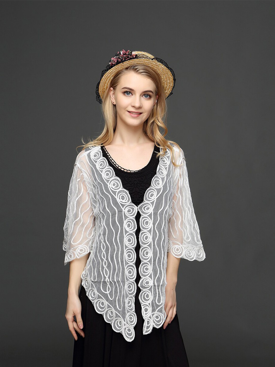 

JC Collection Embroidered Sheer Flared Sleeves Shrug, White