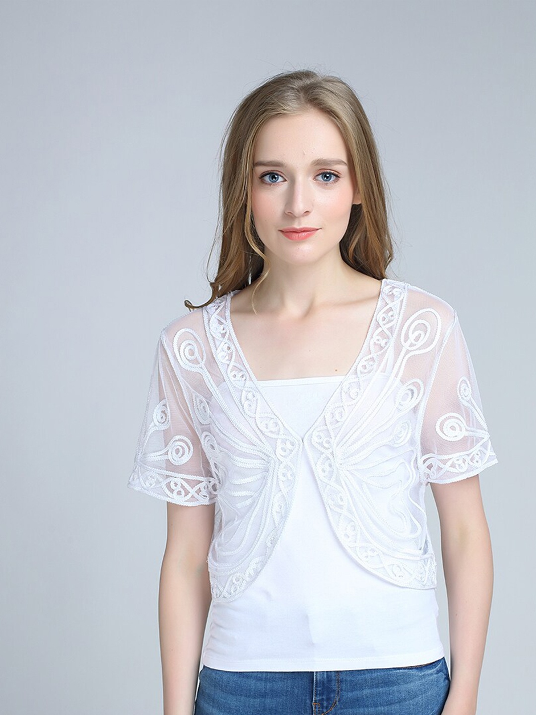 

JC Collection Embroidered Sheer Crop Button Shrug, White