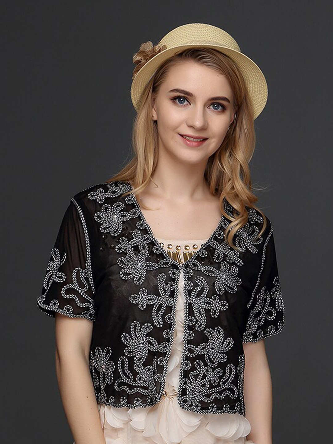 

JC Collection Floral Embroidered Crop Shrug, Black