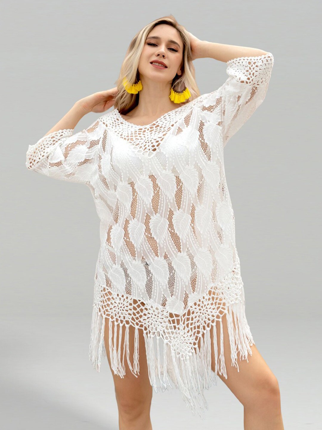 

JC Collection Self Design V-Neck Crepe Swimwear Cover up Dress, White