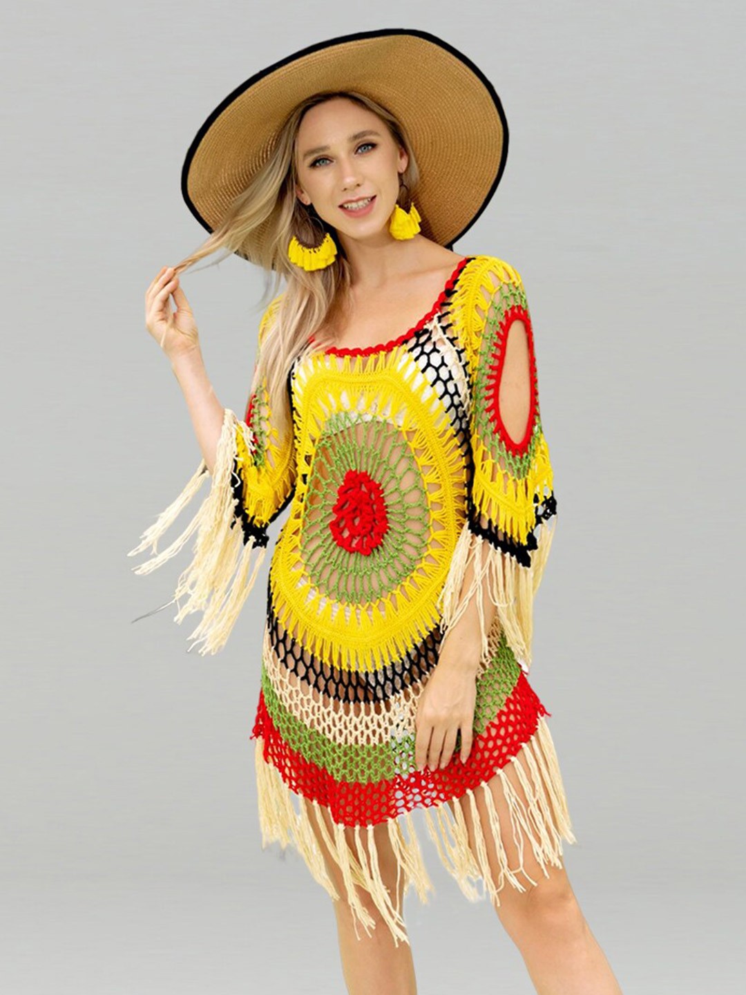

JC Collection Self Design Round Neck Swimwear Cover up Dress, Yellow