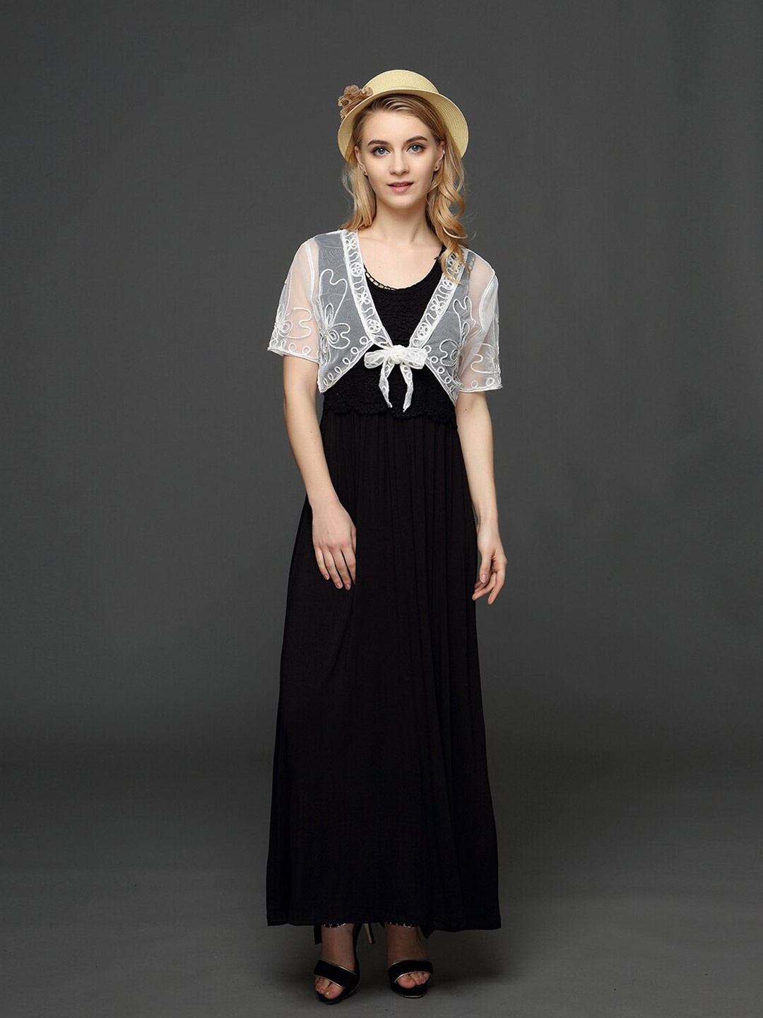 

JC Collection Embroidered Sheer Crop Tie-Up Shrug, White