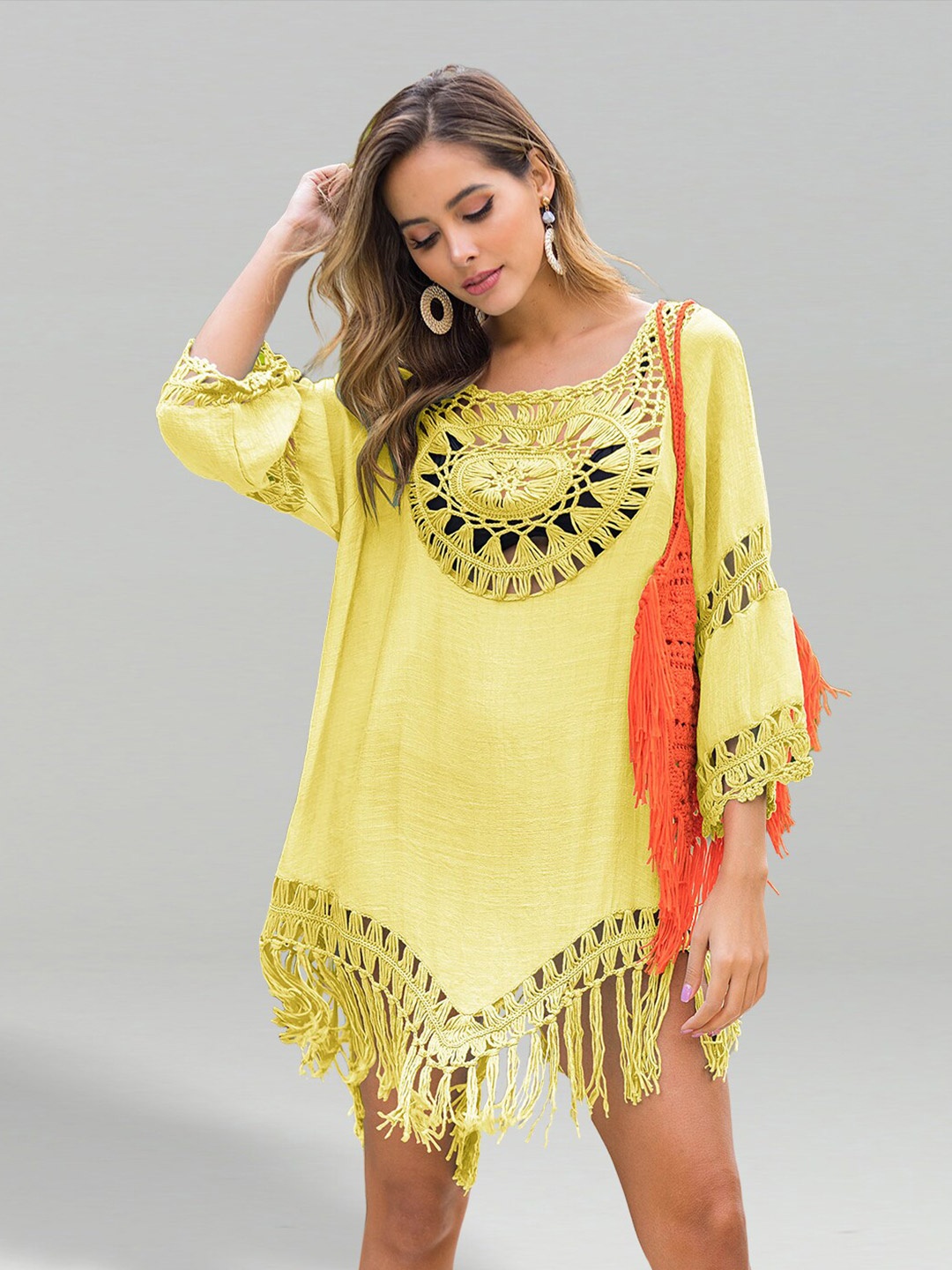 

JC Collection Women Cover Up Top With Tasselled, Yellow