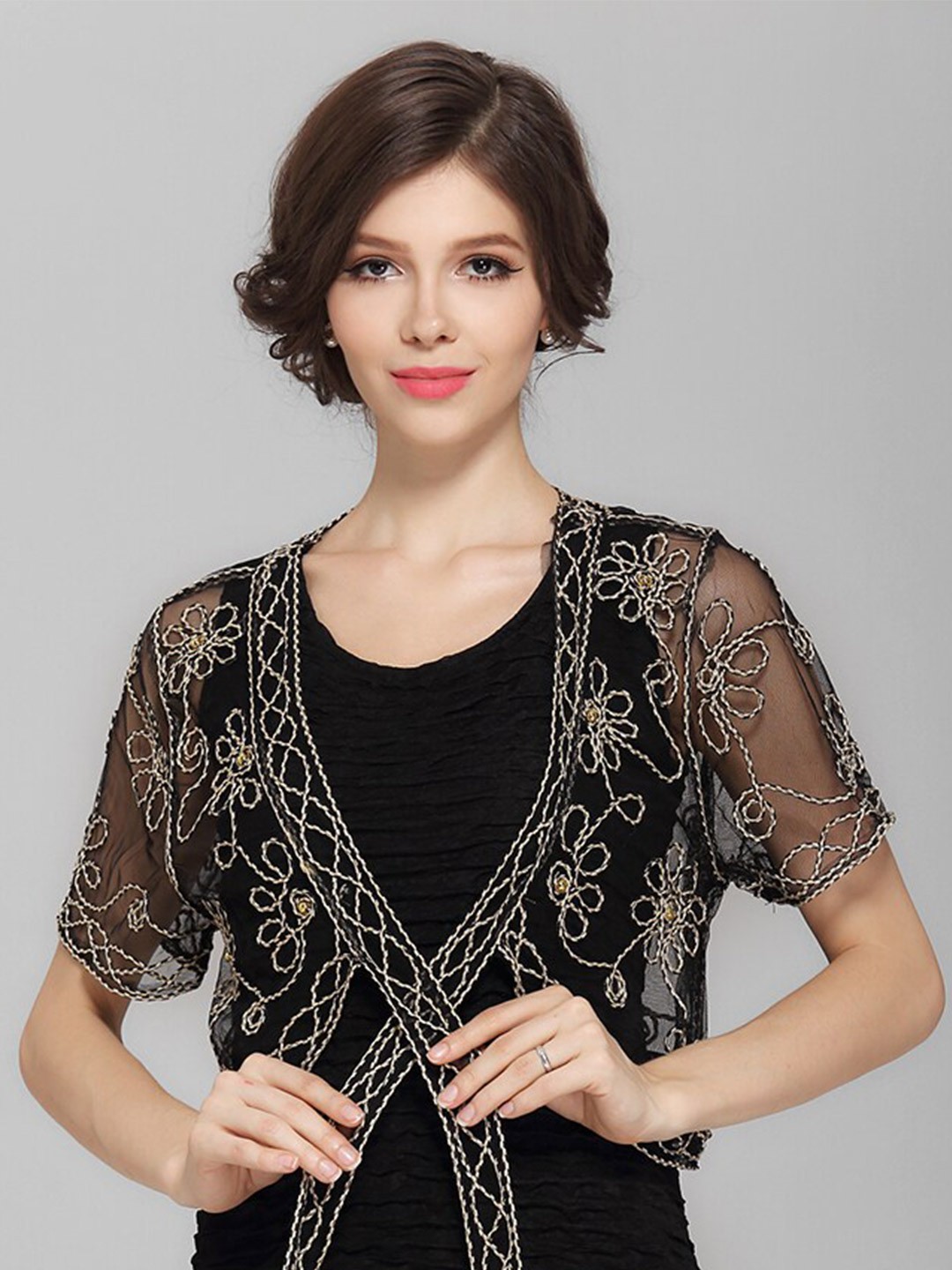 

JC Collection Embroidered Crop Sheer Tie-Up Shrug, Black