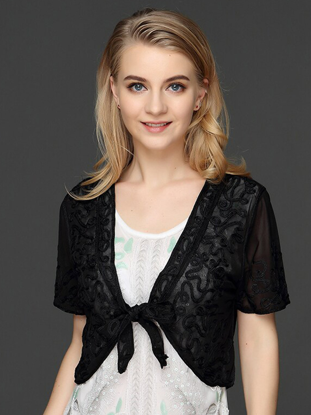 

JC Collection Embroidered Sheer Crop Tie-Up Shrug, Black