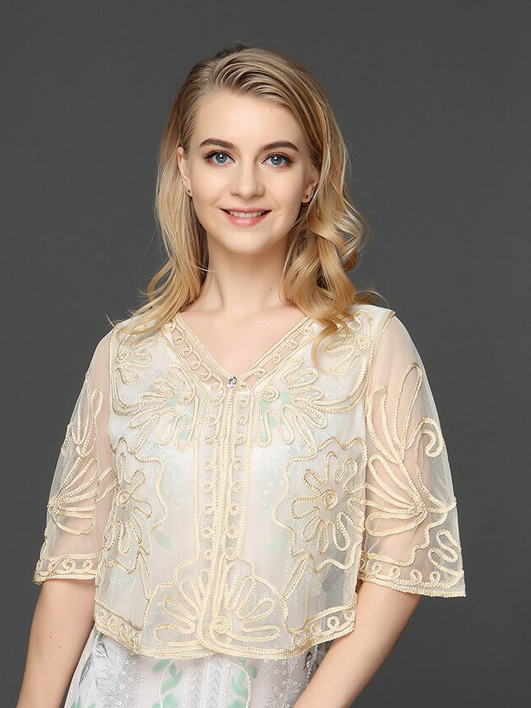 

JC Collection Embroidered Sheer Crop Button Shrug, Beige
