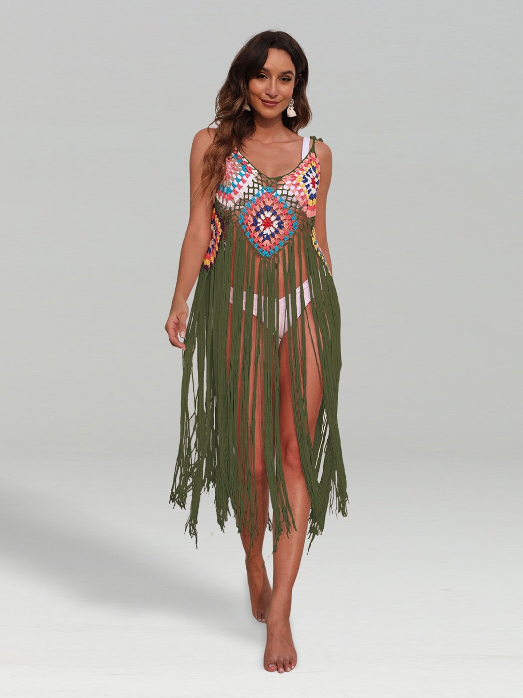 

JC Collection Self-Design Swimwear Longline Cover Top With Tasselled, Olive
