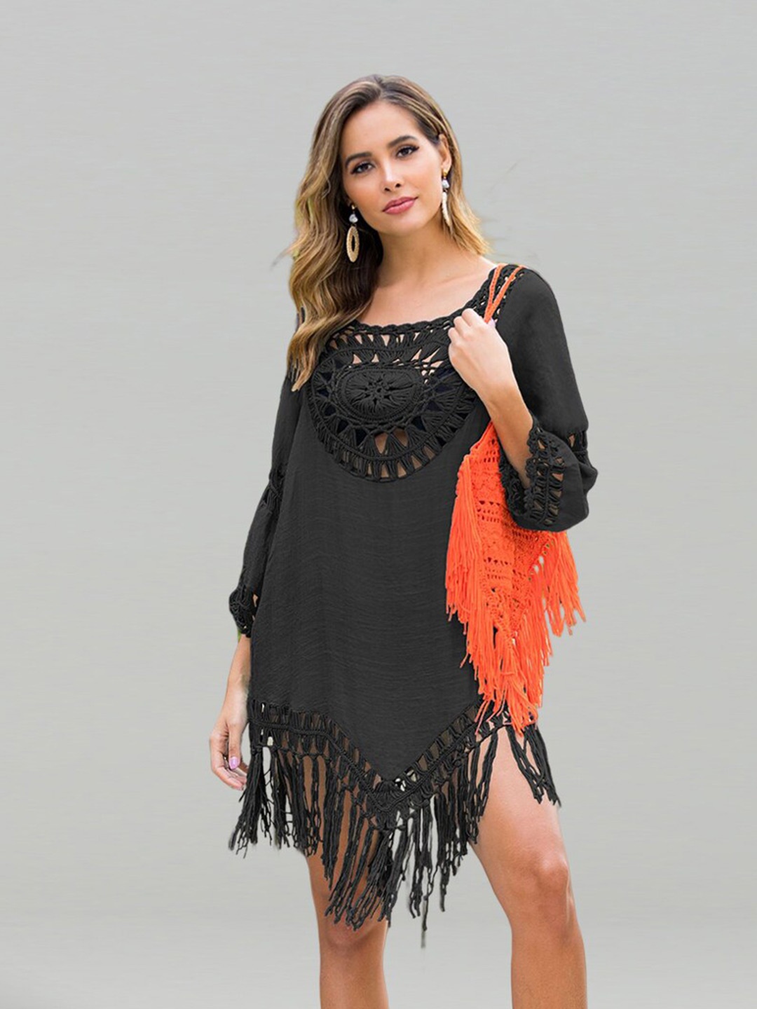 

JC Collection Scoop Neck Fringed Swimwear Cover up Dress, Black