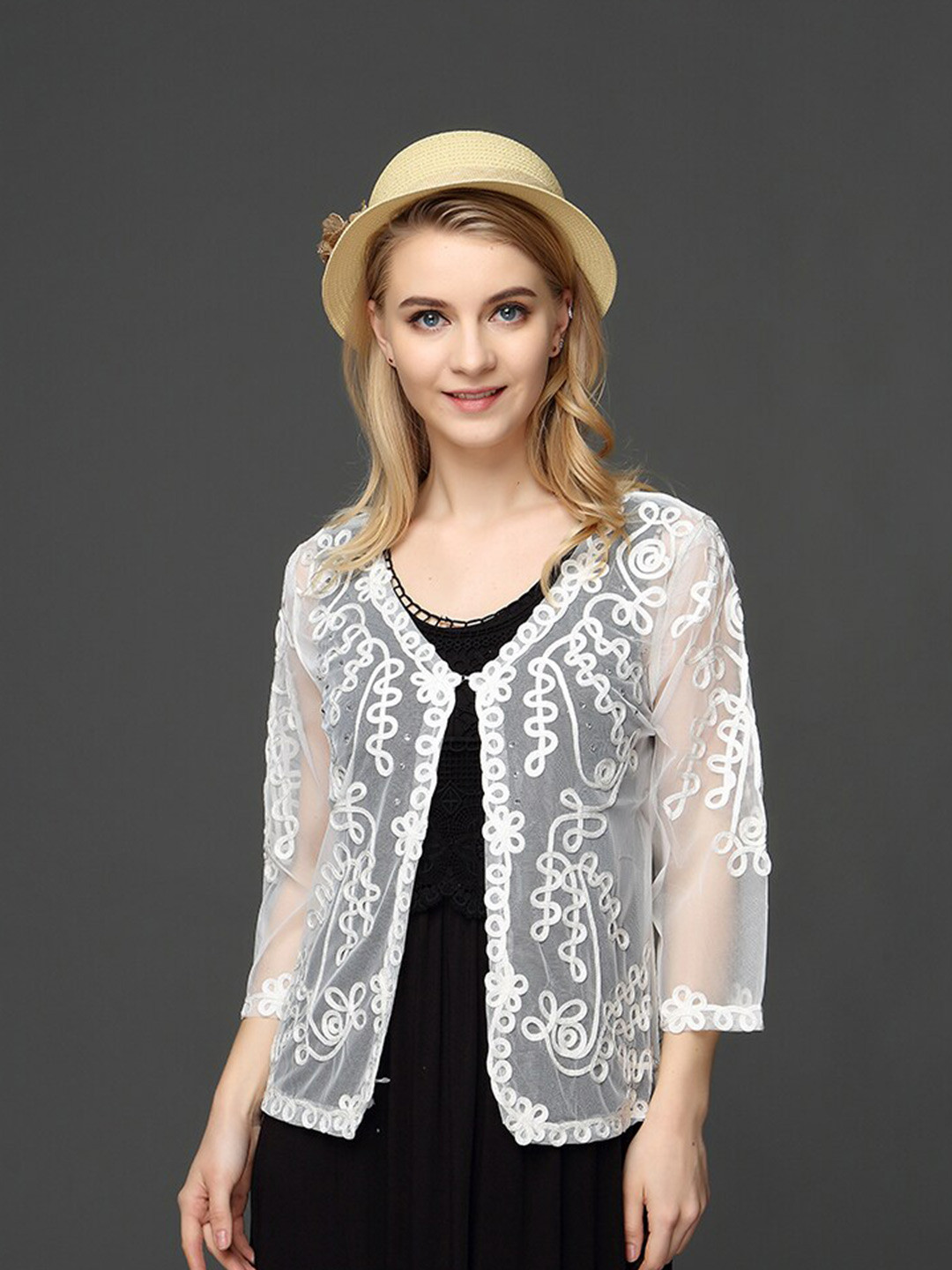 

JC Collection Embroidered Sheer Button Shrug, White