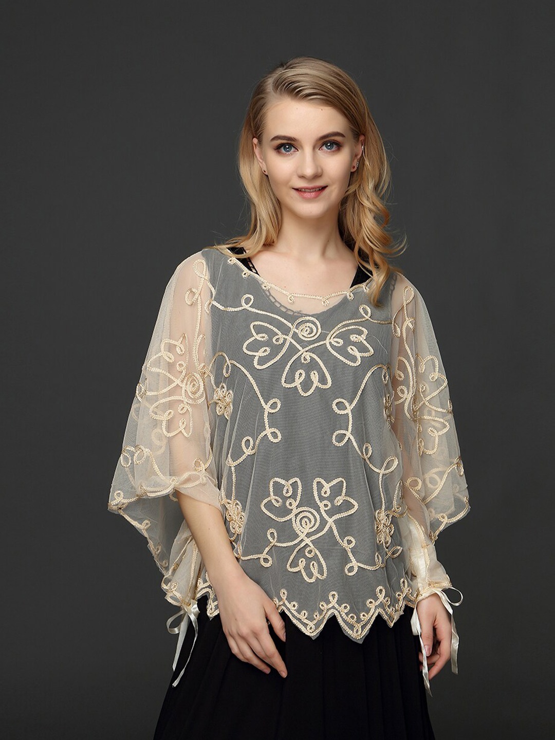 

JC Collection Flared Sleeve Floral Embroidered Sheer Net Top, Beige