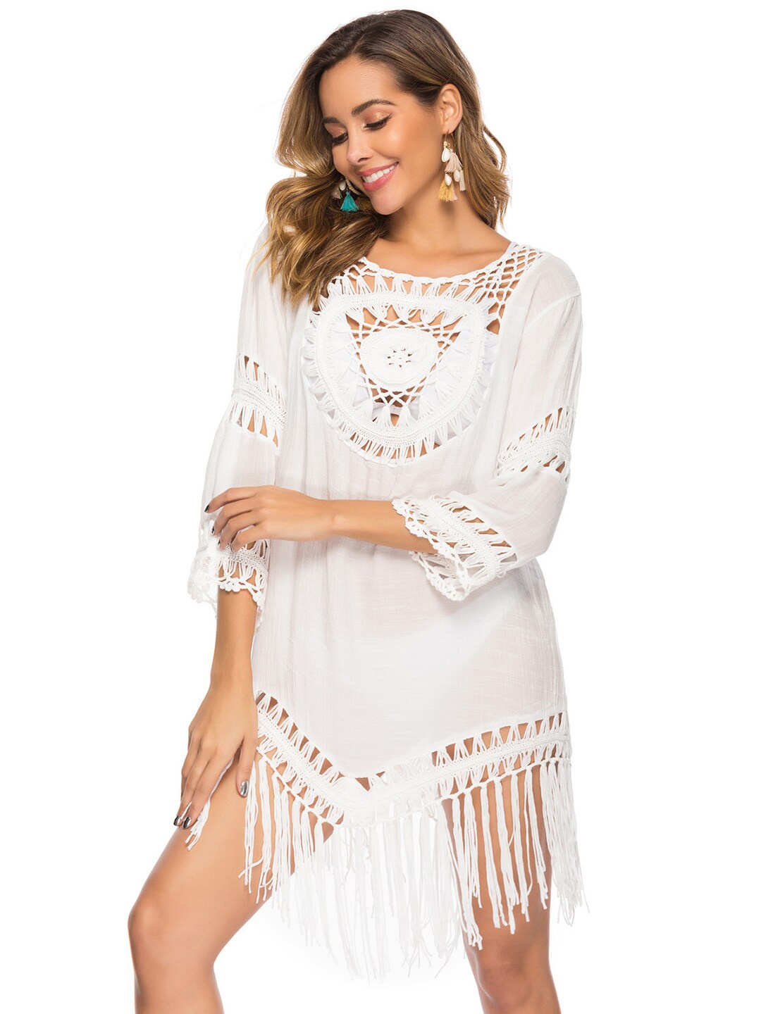 

JC Collection Boat Neck Fringed Swimwear Cover up Dress, White