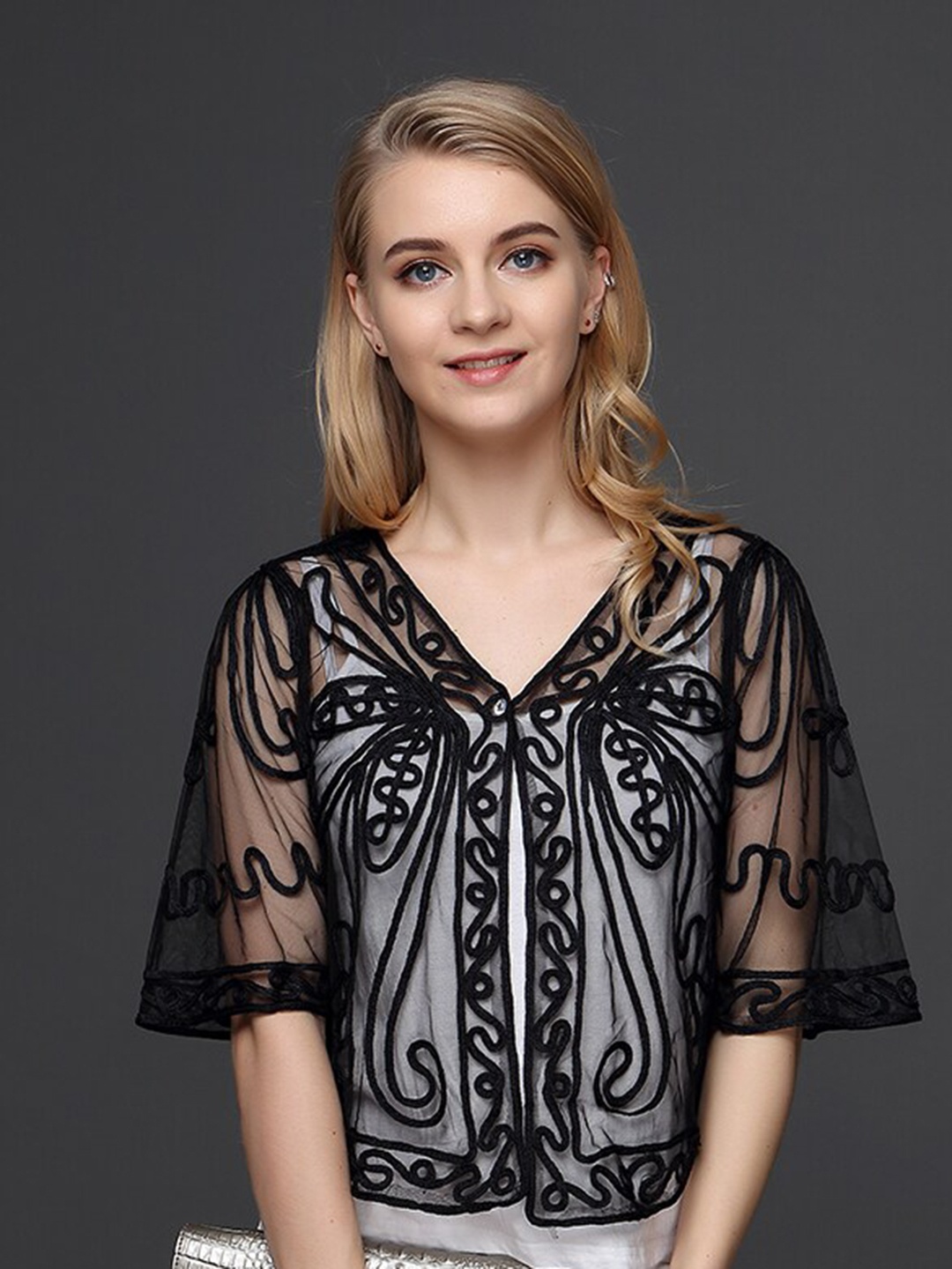 

JC Collection Embroidered Sheer Crop Button Shrug, Black
