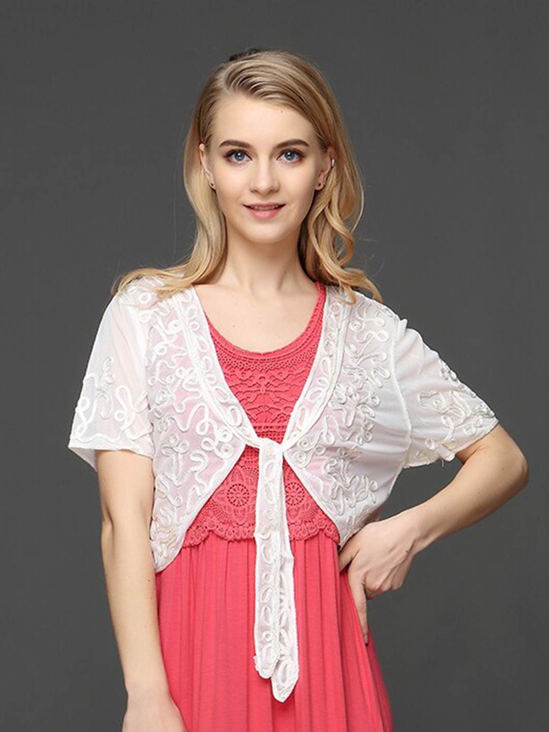 

JC Collection Embroidered Short Sleeves Crop Tie-Up Shrug, White