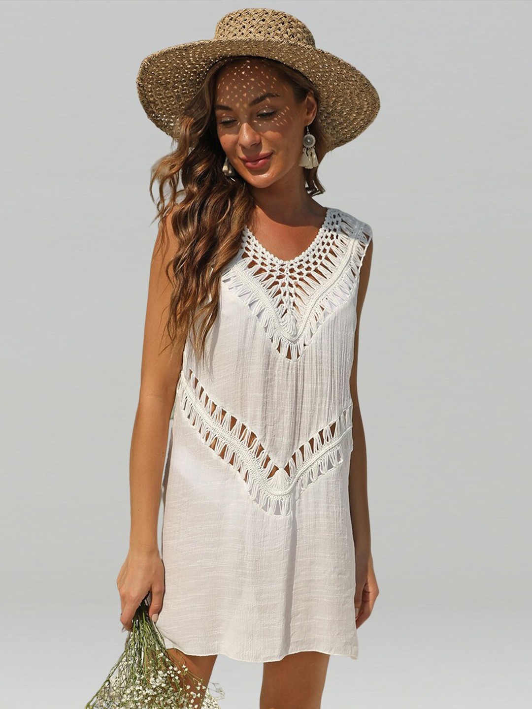 

JC Collection V-Neck Fringed Swimwear Cover up Dress, White
