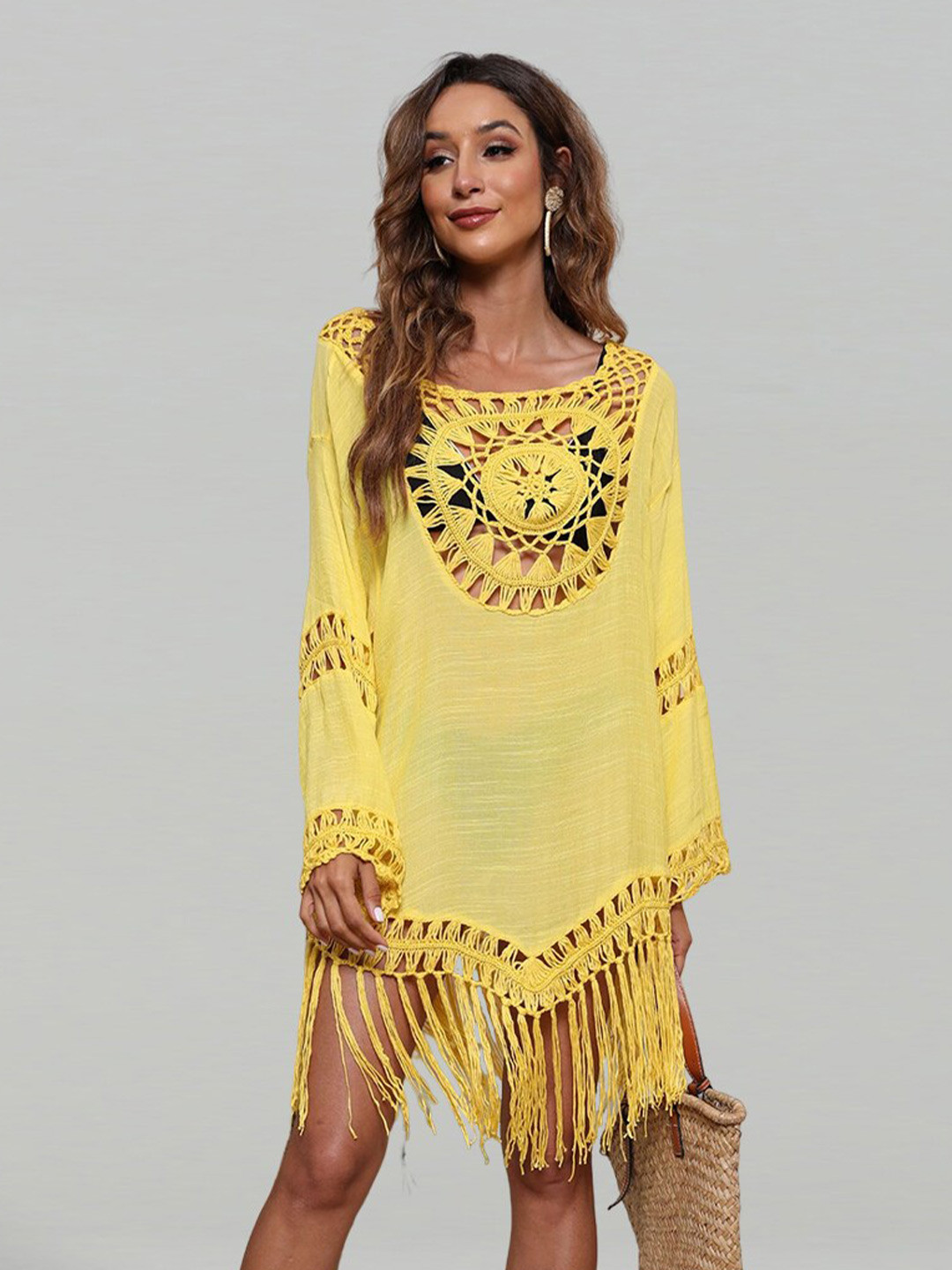 

JC Collection Boat Neck Fringed A-Line Swimwear Cover Up Dress, Yellow