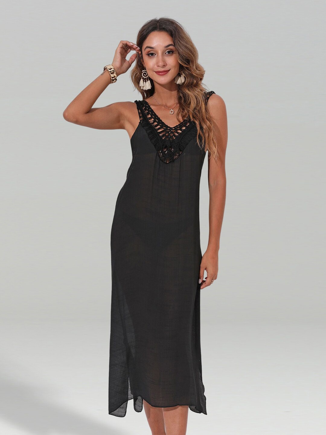 

JC Collection V-Neck Fringed A-Line Swimwear Cover Up Dress, Black