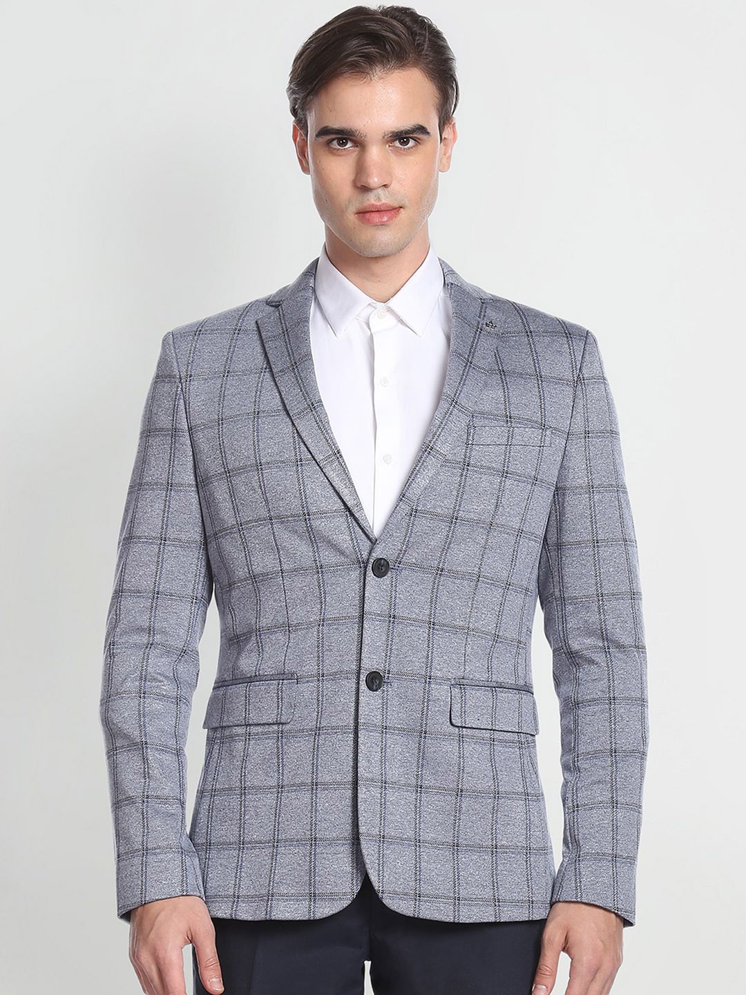 

Arrow Men Checked Notched Lapel Single-Breasted Knit Formal Blazer, Grey
