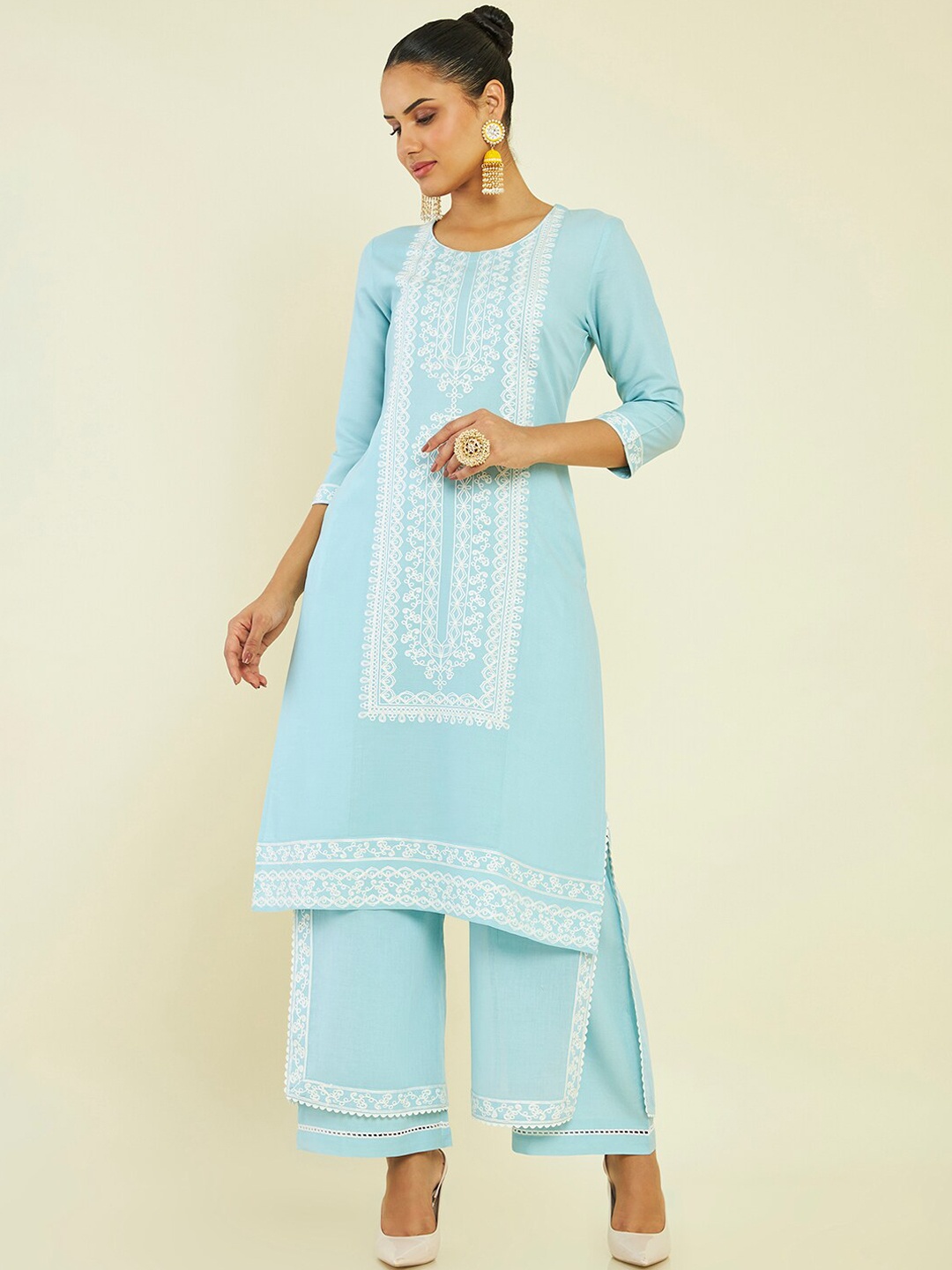 

Soch Ethnic Motifs Embroidered Straight Kurta with Palazzos, Blue