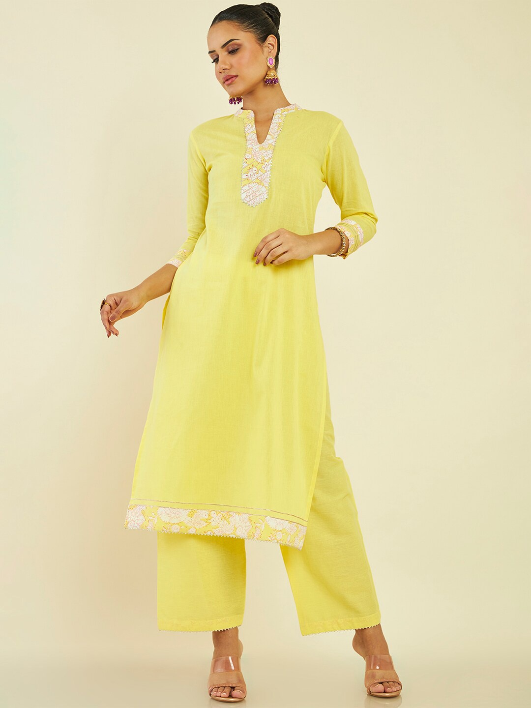 

Soch Floral Printed Gotta Patti Pure Cotton Kurta with Palazzos, Yellow