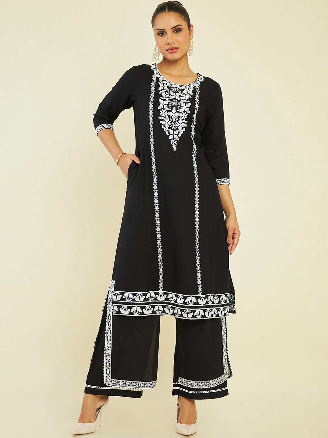 

Soch Ethnic Motifs Embroidered Straight Kurta with Palazzos, Black