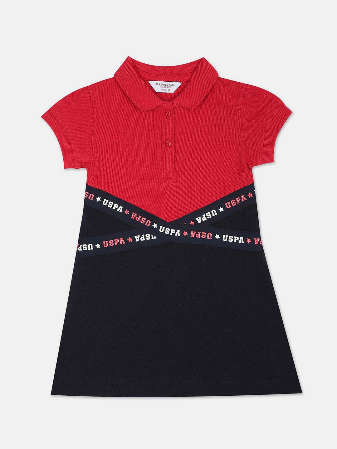 

U.S. Polo Assn. Kids Girls Polo Collar Colourblocked Brand Taped Pure Cotton T-shirt Dress, Red