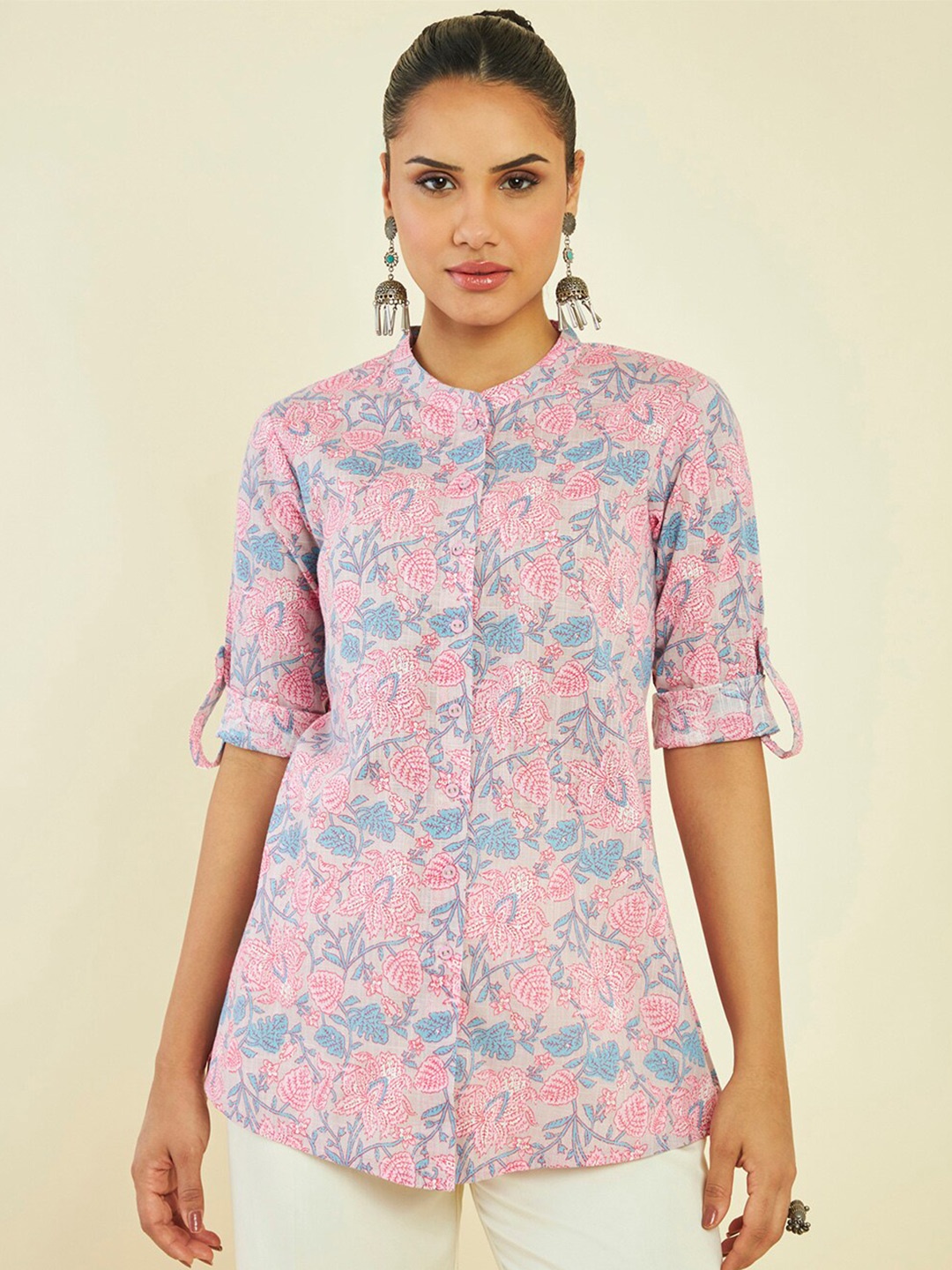 

Soch Floral Printed Mandarin Collar Roll-Up Sleeves Cotton Tunic, Pink