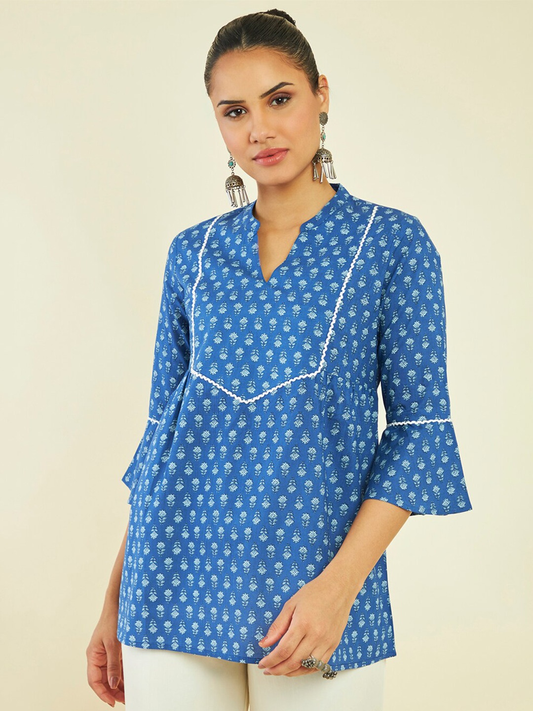 

Soch Floral Printed Mandarin Collar Bell Sleeves Cotton Tunic, Blue