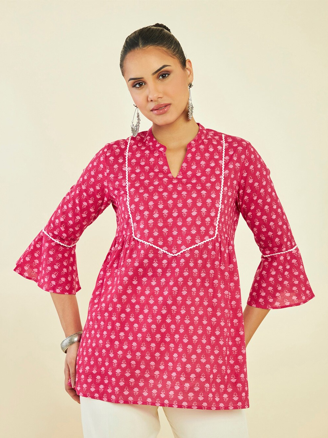 

Soch Band Collar Printed Cotton Tunic, Fuchsia