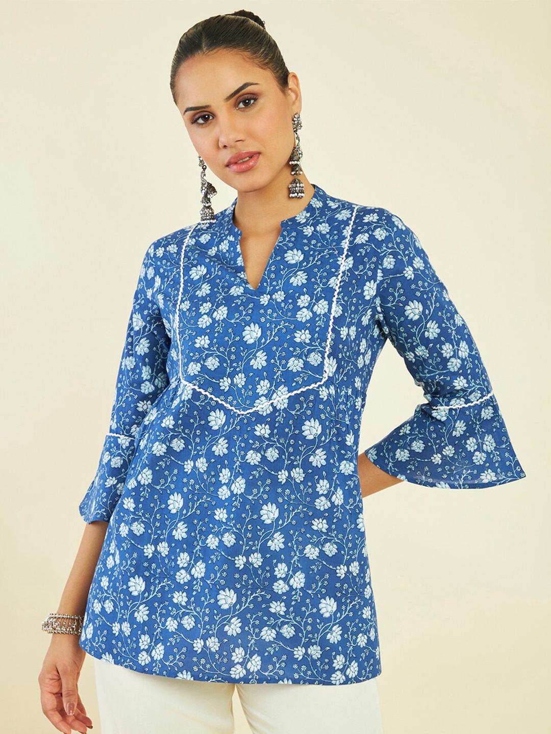 

Soch Band Collar Printed Cotton Tunic, Blue