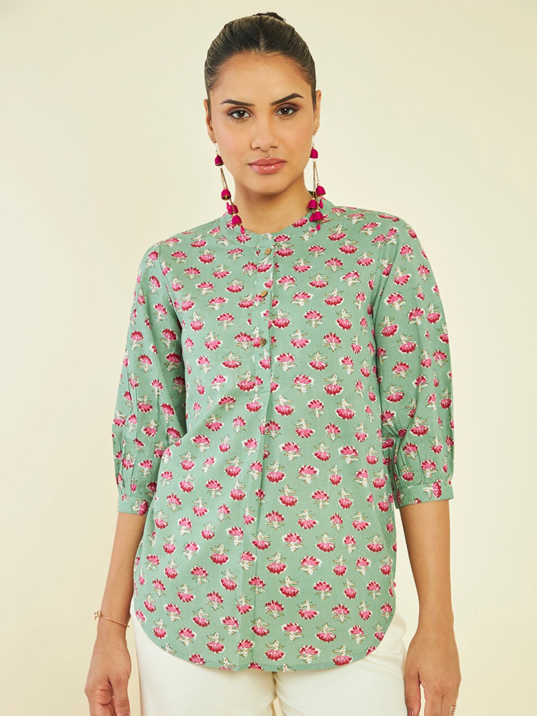 

Soch Floral Printed Mandarin Collar Cotton Tunic, Sea green