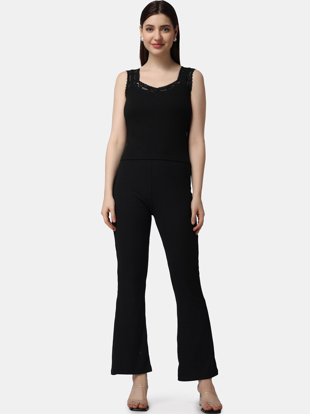

Popwings Ribbed Crop Top And Trouser, Black