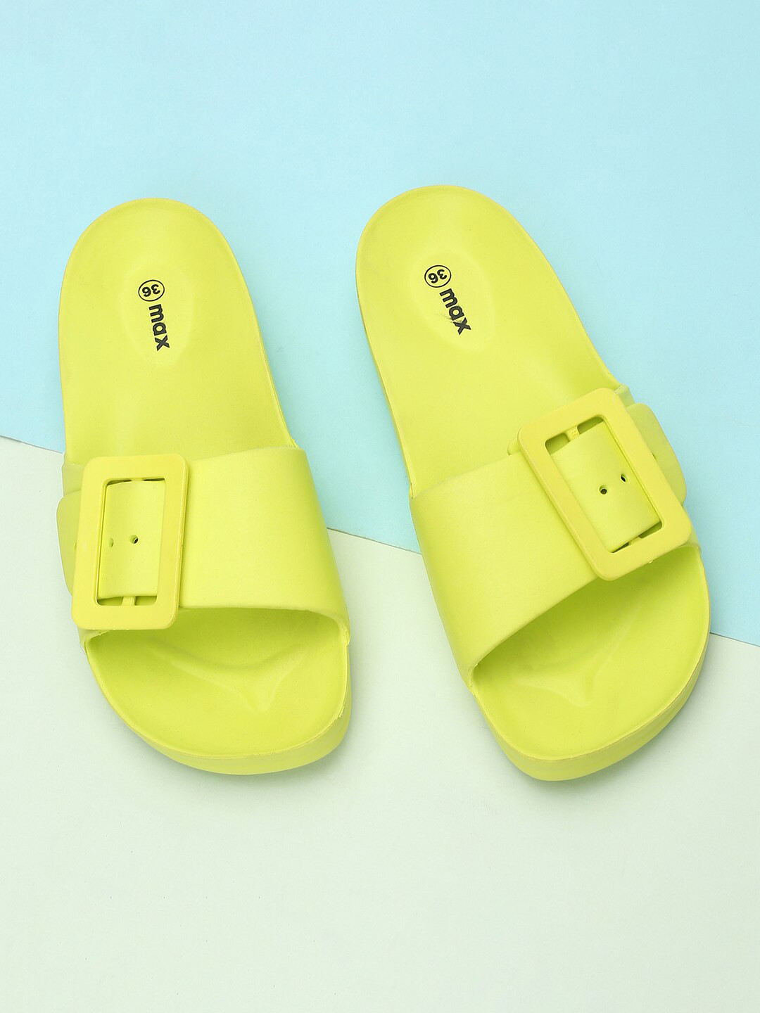 

max Women Buckle Details Synthetic Sliders, Lime green