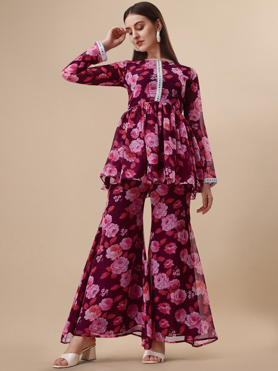 

Vaidehi Fashion Floral Printed Mirror Work Kurti with Sharara, Pink
