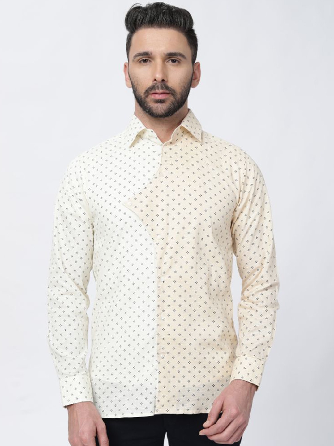 

FRENCH CROWN Geometric Printed Linen Casual Shirt, Beige