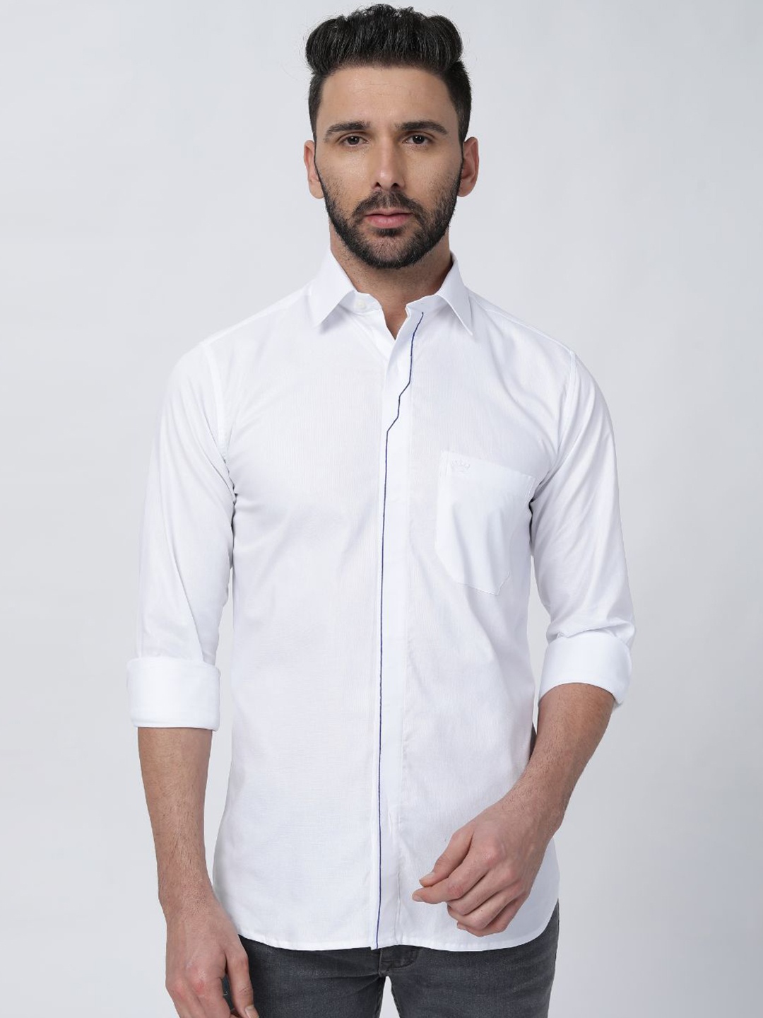

FRENCH CROWN Spread Collar Cotton Casual Shirt, White