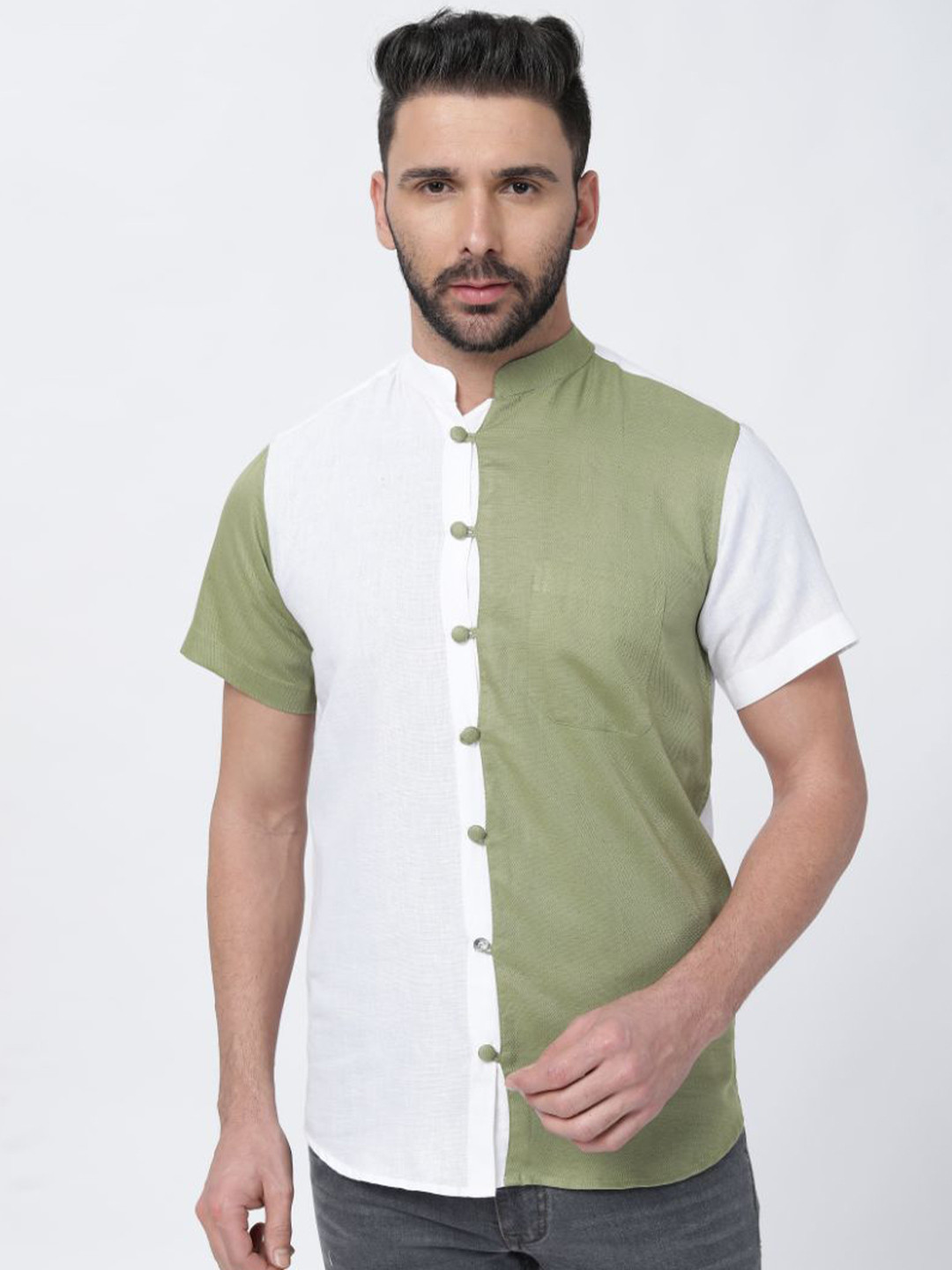 

FRENCH CROWN Colourblocked Cotton Casual Shirt, Green