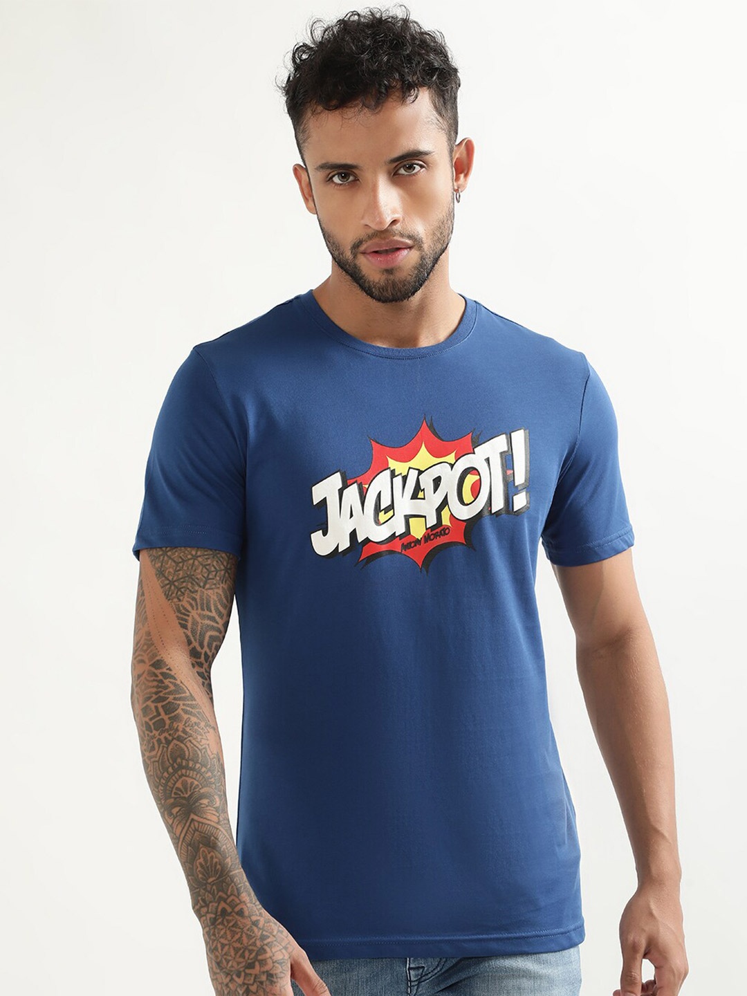 

Antony Morato Typography Printed Round Neck Slim Fit Cotton T-shirt, Blue