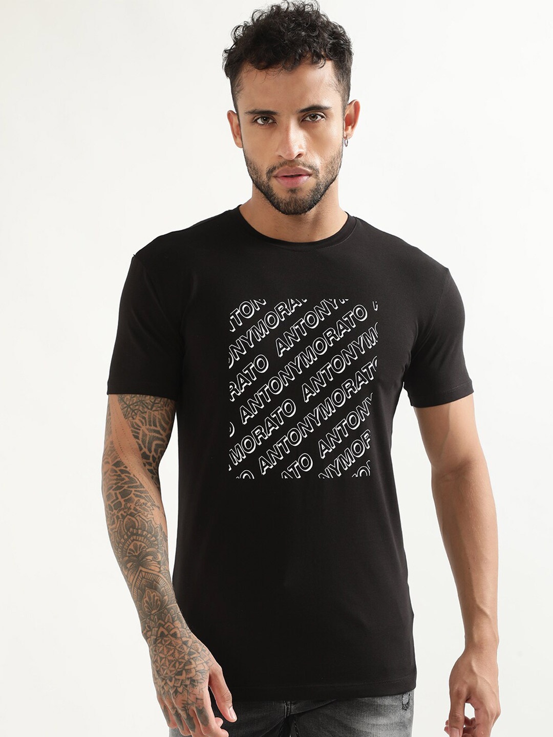 

Antony Morato Typography Printed Round Neck Slim Fit Cotton T-shirt, Black