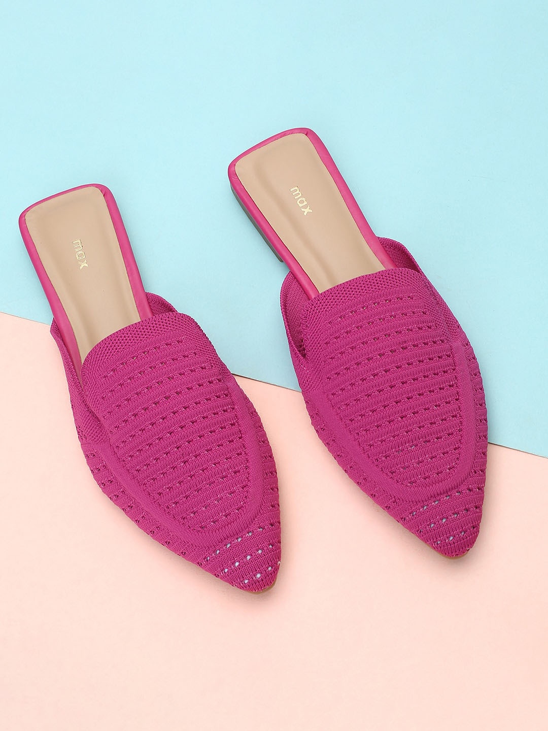 

max Women Pointed Toe Woven Design Slip On Flat Mules, Pink
