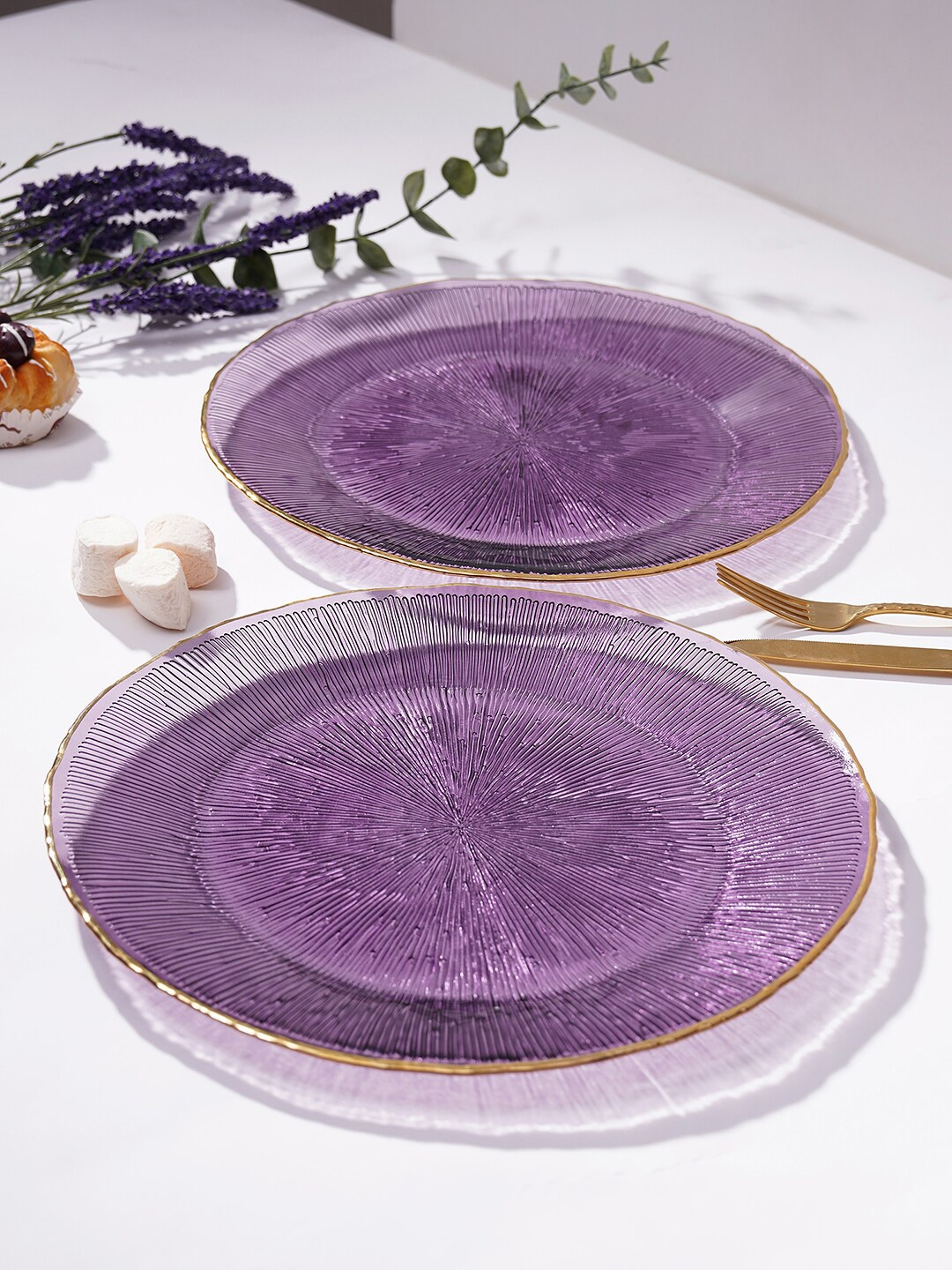 

Pure Home and Living Purple 2 Pieces Textured Glass Glossy Dessert Plates 33 cm Each