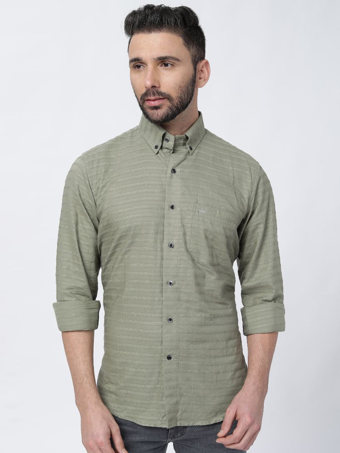 

FRENCH CROWN Horizontal Stripes Twill Cotton Casual Shirt, Green