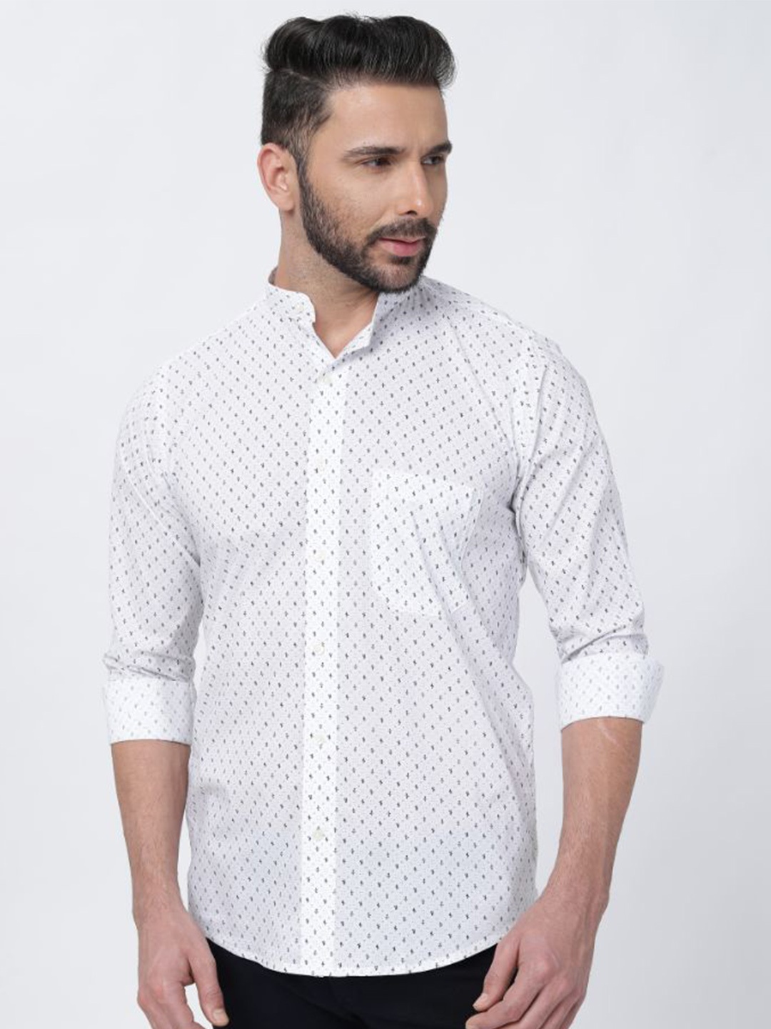 

FRENCH CROWN Micro Ditsy Printed Twill Cotton Casual Shirt, White