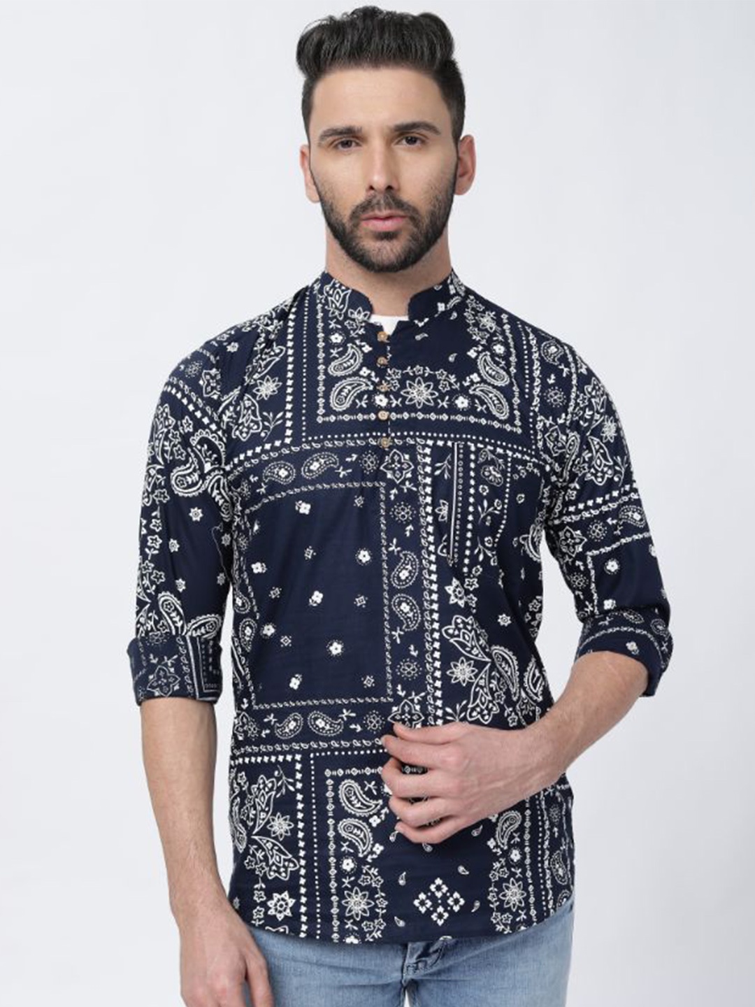

FRENCH CROWN Ethnic Motifs Printed Twill Cotton Casual Shirt, Blue