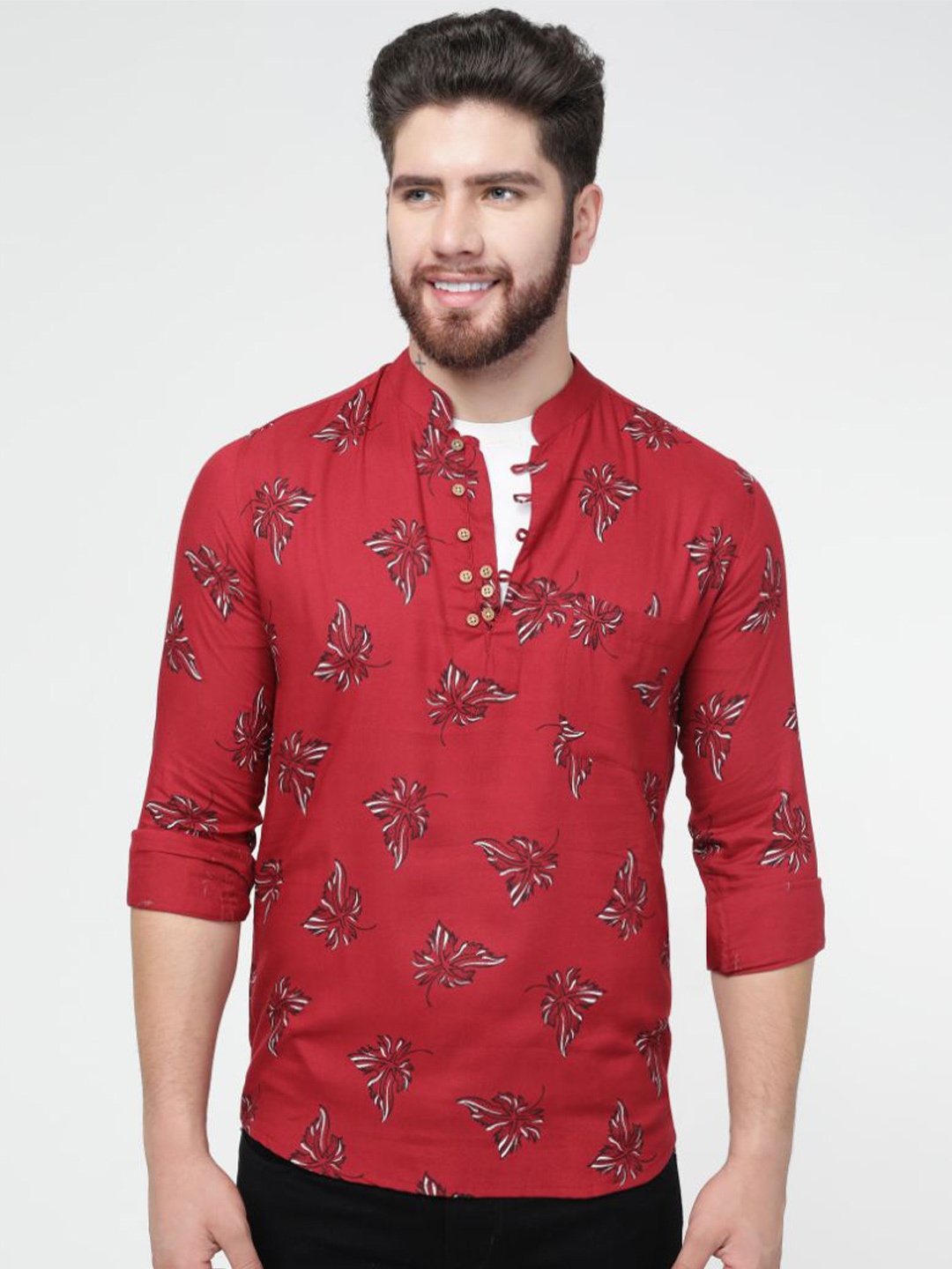 

FRENCH CROWN Floral Printed Twill Casual Shirt, Maroon