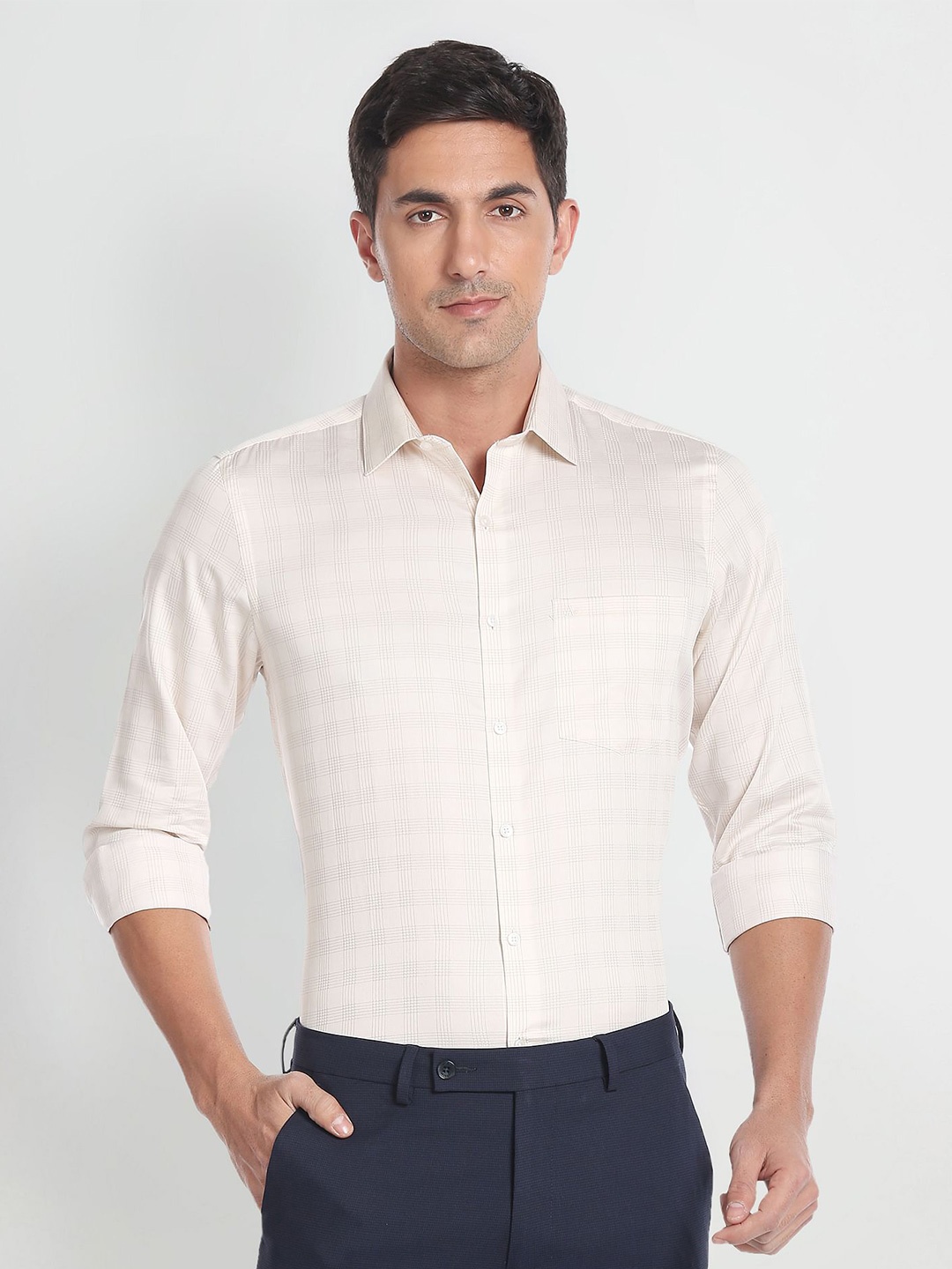 

Arrow Spread Collar Checked Pure Cotton Slim Fit Formal Shirt, Beige