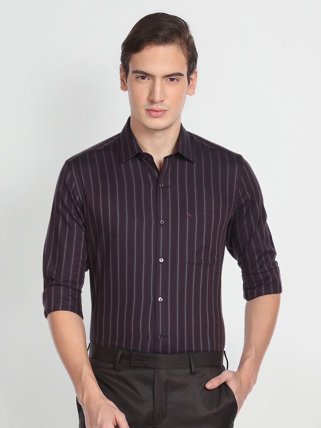 

Arrow Men Pure Cotton Opaque Striped Formal Shirt, Purple