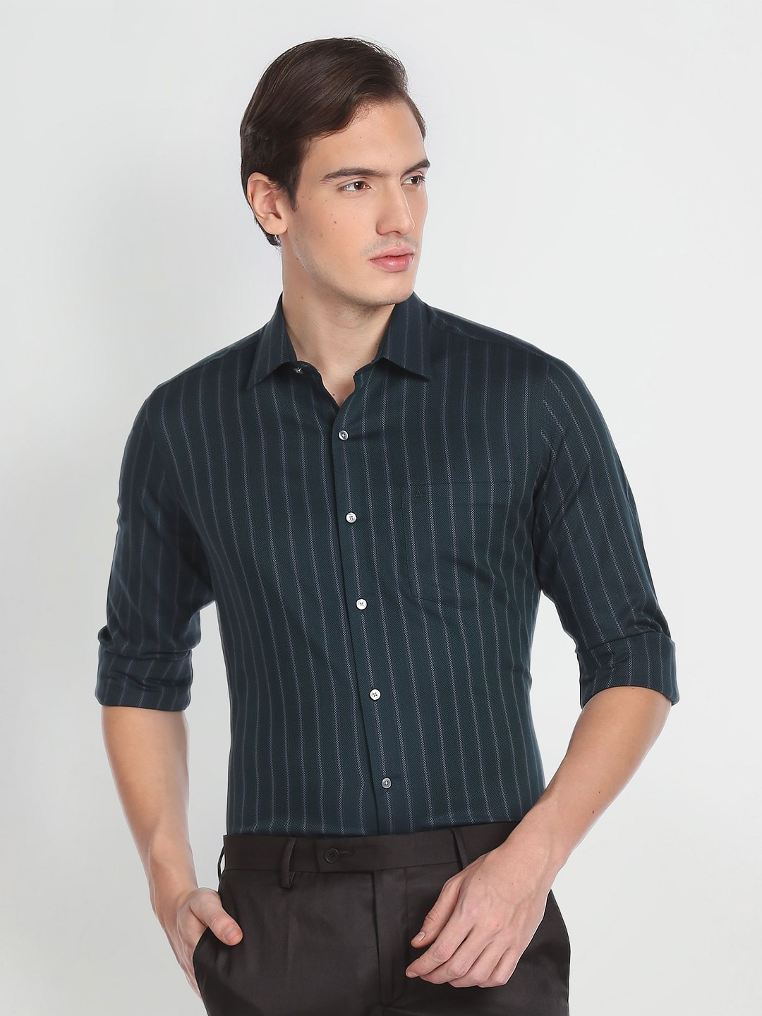 

Arrow Men Pure Cotton Slim Fit Opaque Striped Formal Shirt, Green
